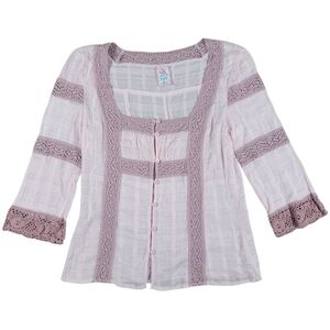 Free People Peasant Top Womens 2 Pink Mauve Semi Sheer Lace Gauze Boho Coquette